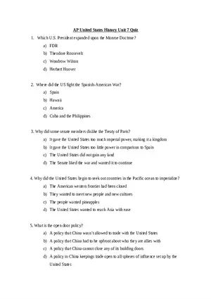 AP United States History Unit 7 Quiz